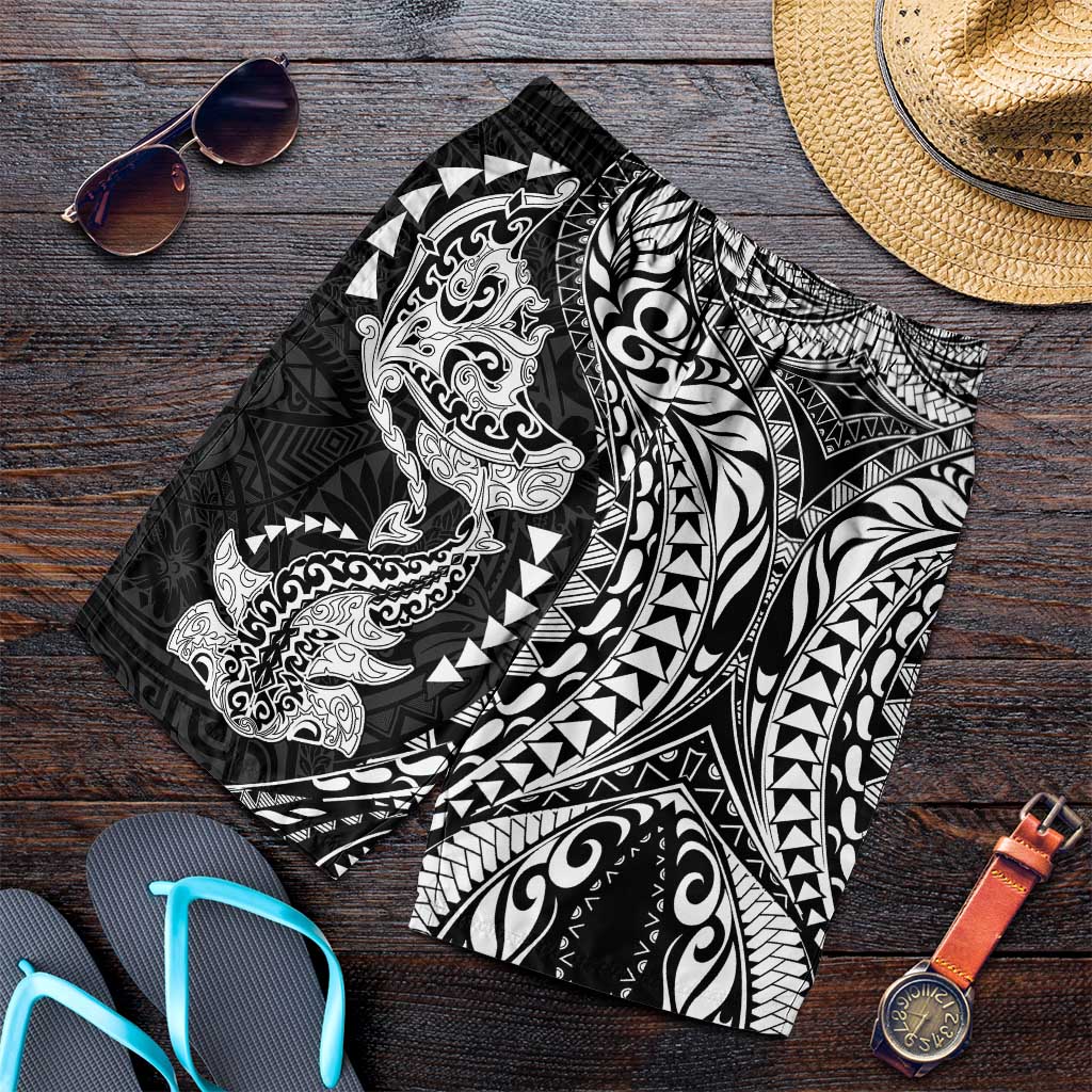Hawaiian Manta Ray and Hammerhead Shark Tribal Tattoo Shorts for Men with Polynesian Tribal Pattern Black-White Color LT03 Multicolor - Polynesian Pride