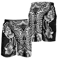 Hawaiian Manta Ray and Hammerhead Shark Tribal Tattoo Shorts for Men with Polynesian Tribal Pattern Black-White Color LT03 - Polynesian Pride