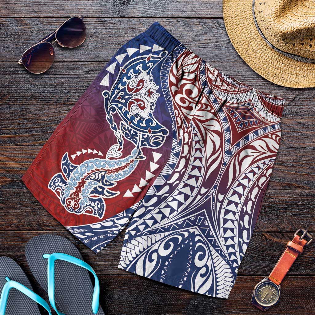 Hawaiian Manta Ray and Hammerhead Shark Tribal Tattoo Shorts for Men with Polynesian Tribal Pattern Hawaii Flag Color LT03 Multicolor - Polynesian Pride