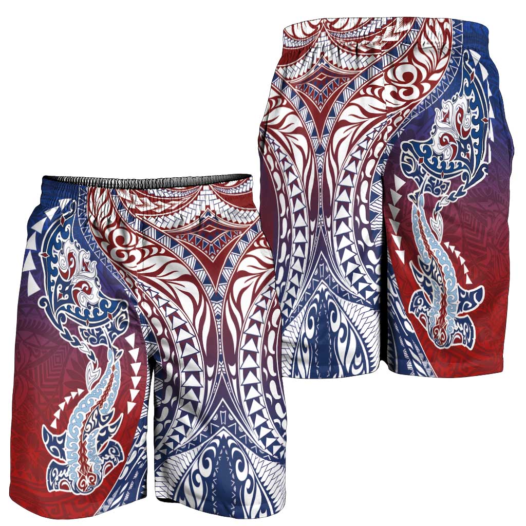 Hawaiian Manta Ray and Hammerhead Shark Tribal Tattoo Shorts for Men with Polynesian Tribal Pattern Hawaii Flag Color LT03 - Polynesian Pride