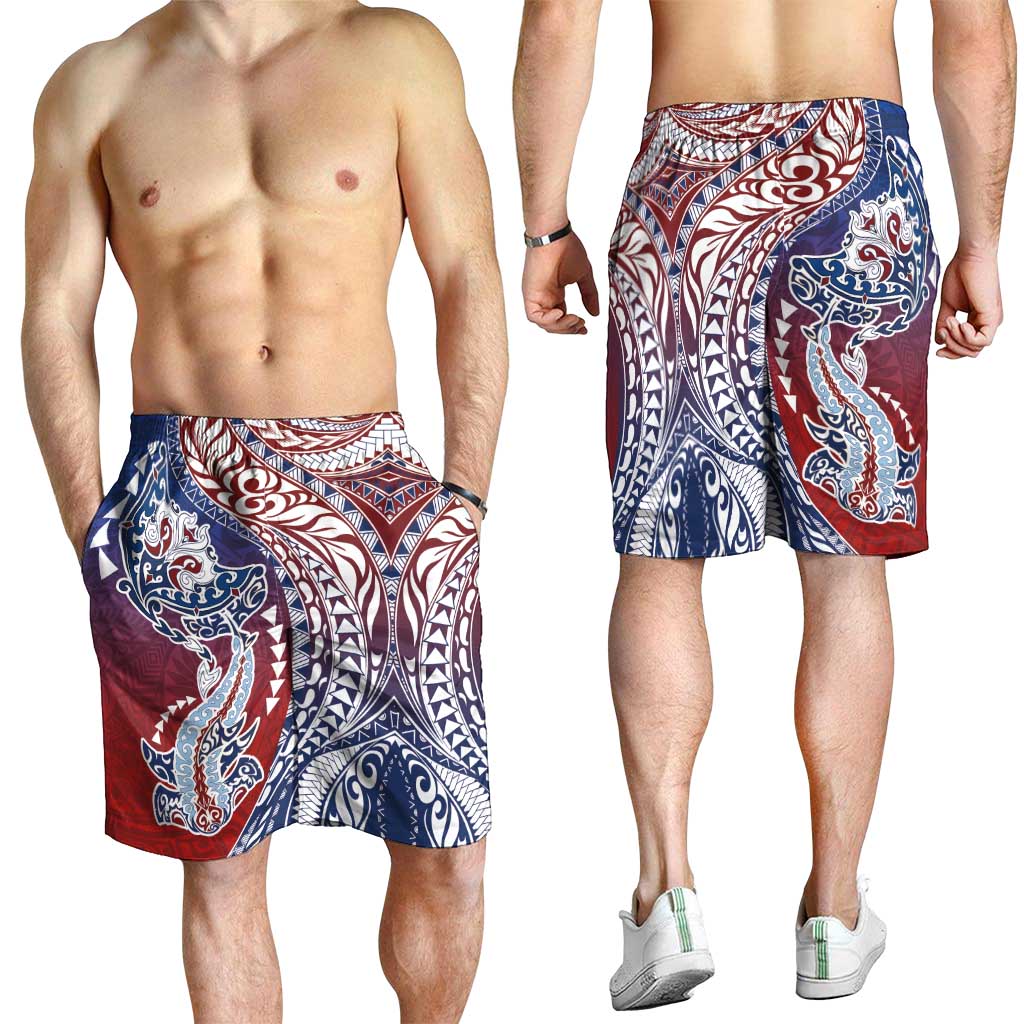 Hawaiian Manta Ray and Hammerhead Shark Tribal Tattoo Shorts for Men with Polynesian Tribal Pattern Hawaii Flag Color LT03 - Polynesian Pride