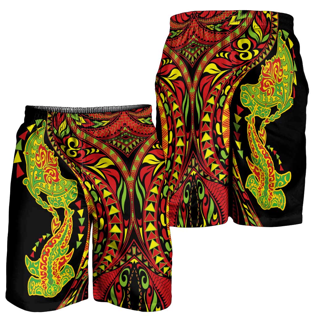 Hawaiian Manta Ray and Hammerhead Shark Tribal Tattoo Shorts for Men with Polynesian Tribal Pattern Kanaka Maoli Flag Color LT03 - Polynesian Pride