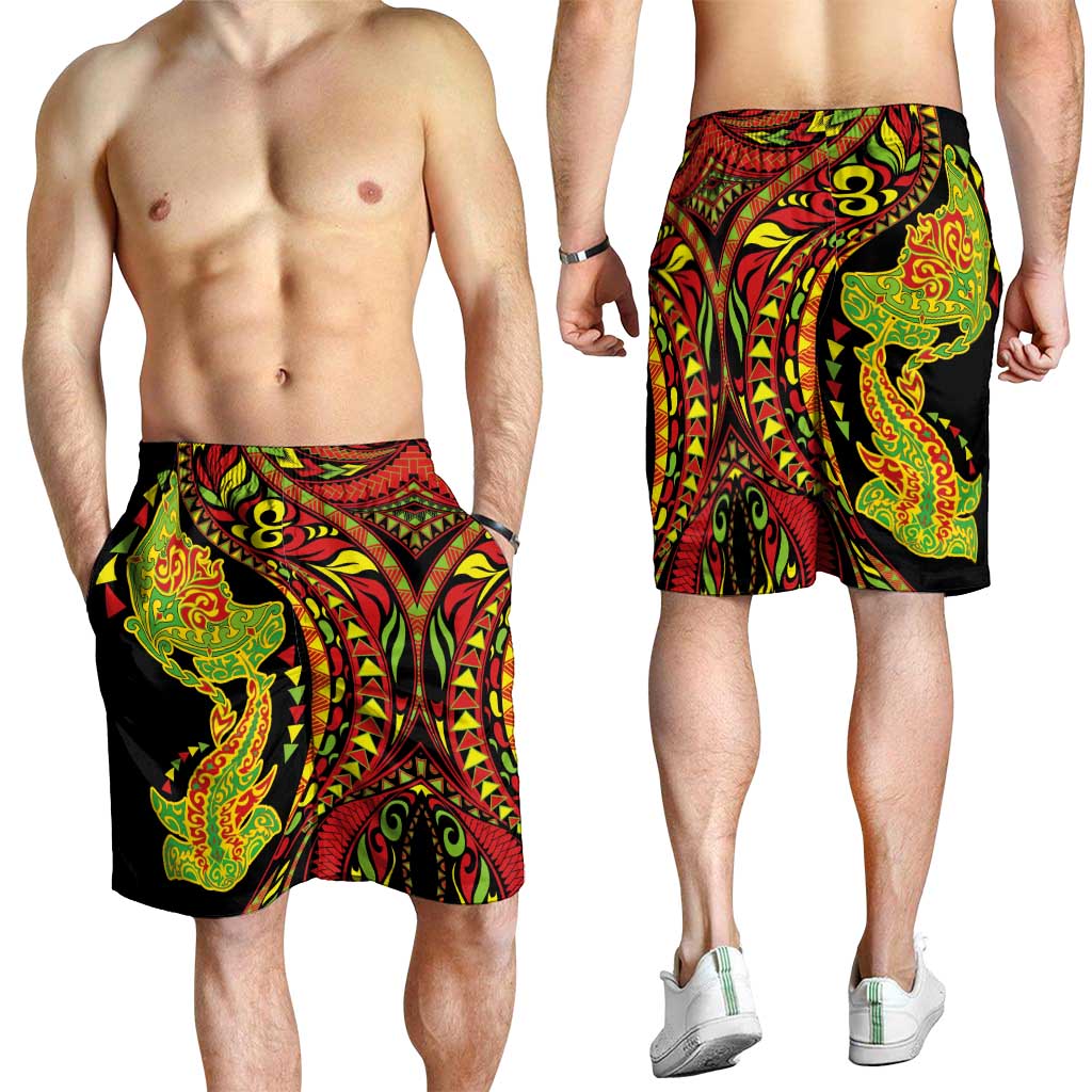 Hawaiian Manta Ray and Hammerhead Shark Tribal Tattoo Shorts for Men with Polynesian Tribal Pattern Kanaka Maoli Flag Color LT03 - Polynesian Pride