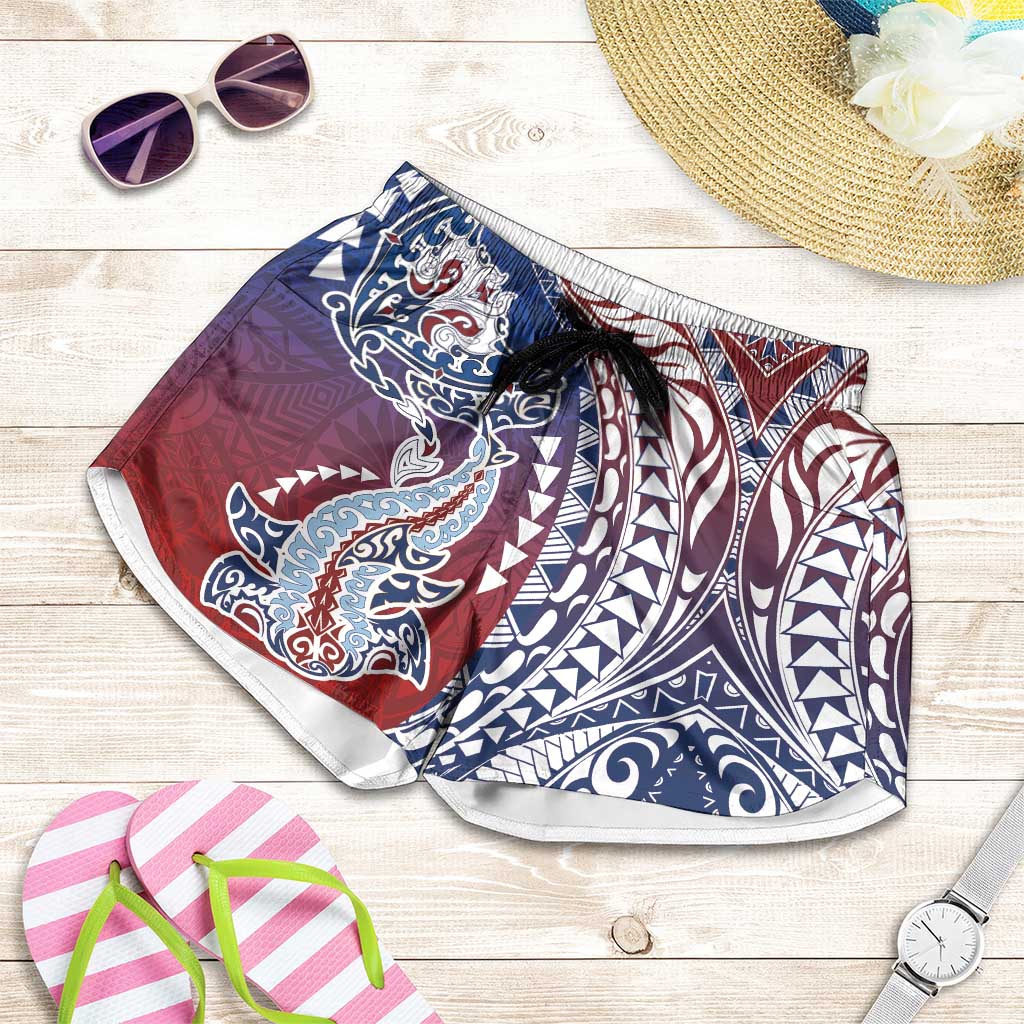 Hawaiian Manta Ray and Hammerhead Shark Tribal Tattoo Shorts for Women with Polynesian Tribal Pattern Hawaii Flag Color