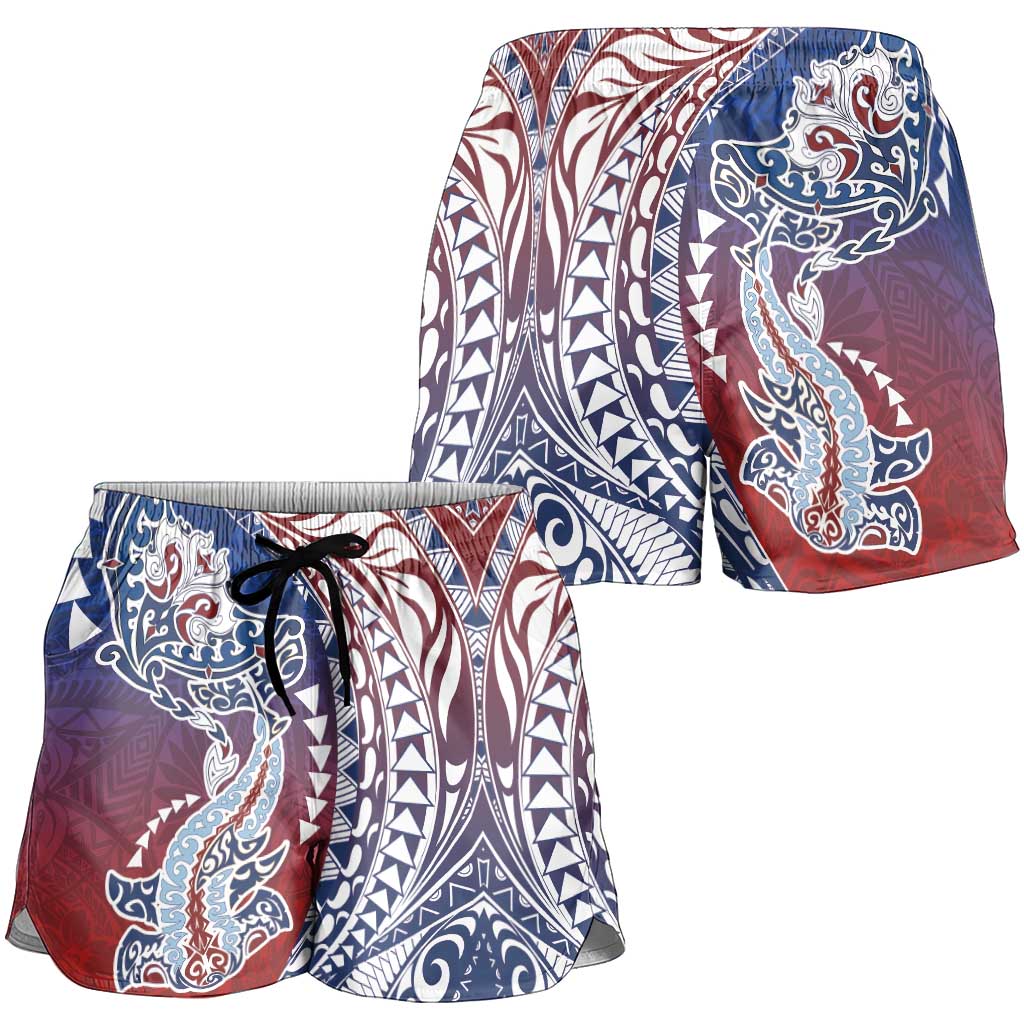 Hawaiian Manta Ray and Hammerhead Shark Tribal Tattoo Shorts for Women with Polynesian Tribal Pattern Hawaii Flag Color LT03 - Polynesian Pride