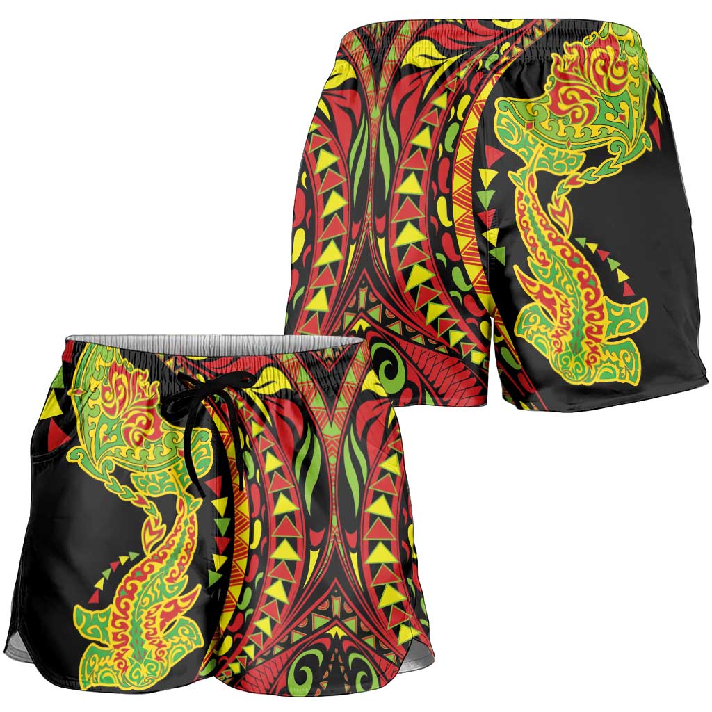 Hawaiian Manta Ray and Hammerhead Shark Tribal Tattoo Shorts for Women with Polynesian Tribal Pattern Kanaka Maoli Flag Color LT03 - Polynesian Pride