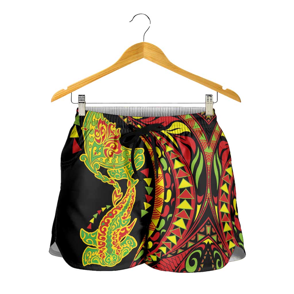 Hawaiian Manta Ray and Hammerhead Shark Tribal Tattoo Shorts for Women with Polynesian Tribal Pattern Kanaka Maoli Flag Color LT03 - Polynesian Pride