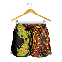 Hawaiian Manta Ray and Hammerhead Shark Tribal Tattoo Shorts for Women with Polynesian Tribal Pattern Kanaka Maoli Flag Color LT03 - Polynesian Pride