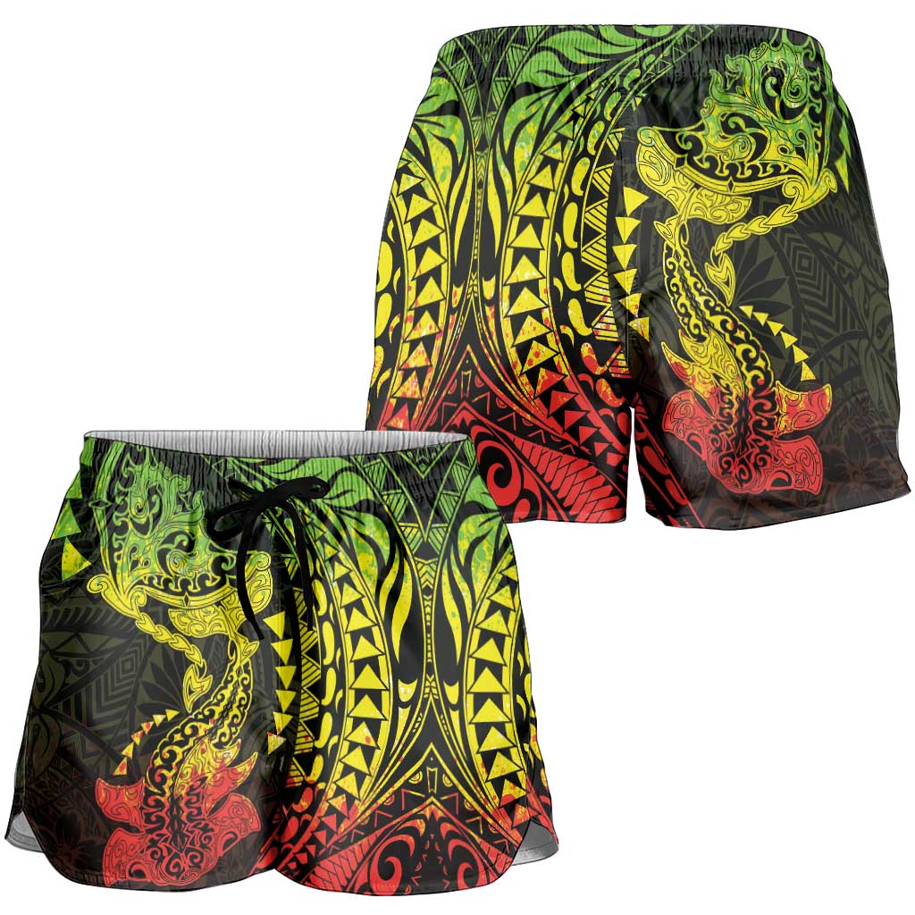 Hawaiian Manta Ray and Hammerhead Shark Tribal Tattoo Shorts for Women with Polynesian Tribal Pattern Reggae Style LT03 - Polynesian Pride