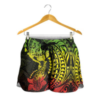 Hawaiian Manta Ray and Hammerhead Shark Tribal Tattoo Shorts for Women with Polynesian Tribal Pattern Reggae Style LT03 - Polynesian Pride
