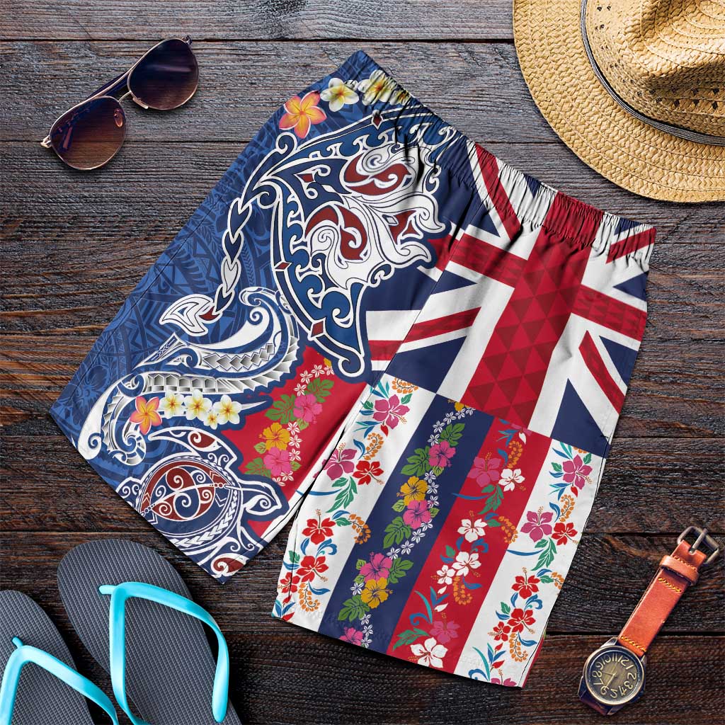 Hawaiian Manta Ray and Turtle Tribal Tattoo Shorts for Men with Hawaii Flag and Flowers LT03 Multicolor - Polynesian Pride