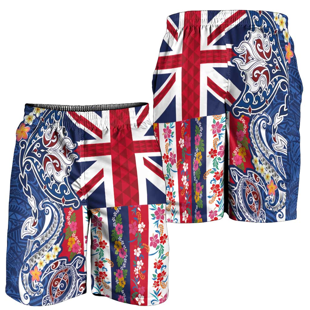 Hawaiian Manta Ray and Turtle Tribal Tattoo Shorts for Men with Hawaii Flag and Flowers LT03 - Polynesian Pride