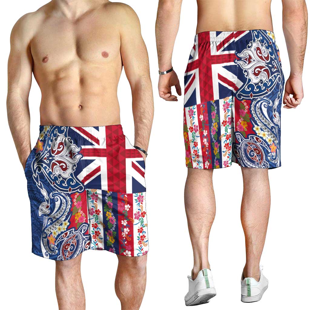 Hawaiian Manta Ray and Turtle Tribal Tattoo Shorts for Men with Hawaii Flag and Flowers LT03 - Polynesian Pride