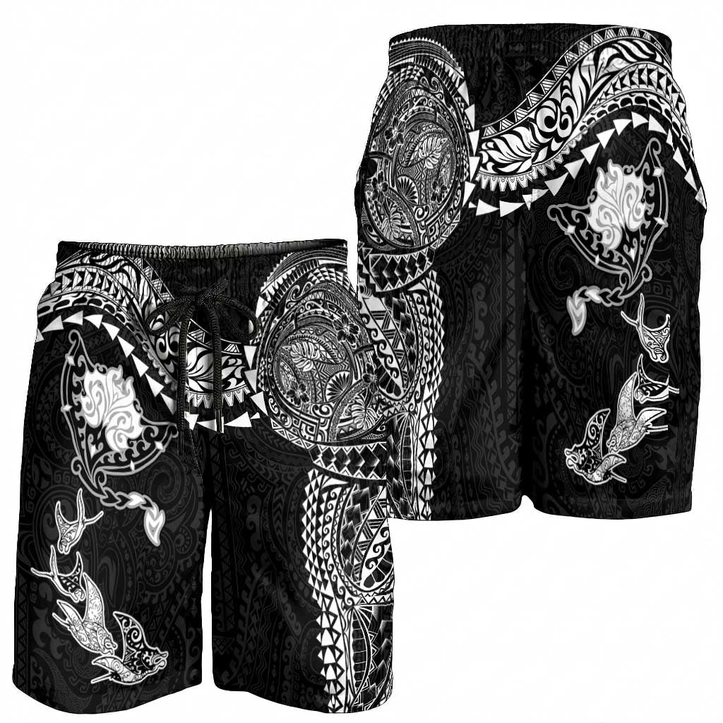 Hawaiian Manta Ray Tribal Shorts for Men Polynesian Art Motifs Black Color