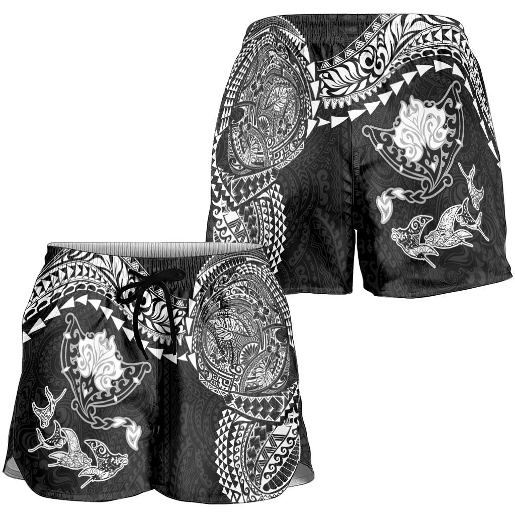 Hawaiian Manta Ray Tribal Shorts for Women Polynesian Art Motifs Black Color LT03 - Polynesian Pride