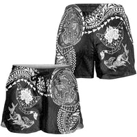Hawaiian Manta Ray Tribal Shorts for Women Polynesian Art Motifs Black Color LT03 - Polynesian Pride