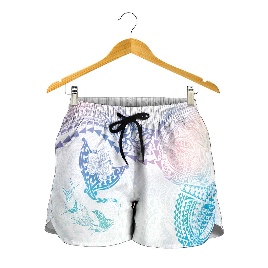 Hawaiian Manta Ray Tribal Shorts for Women Polynesian Art Motifs Sweet Pastel LT03 - Polynesian Pride