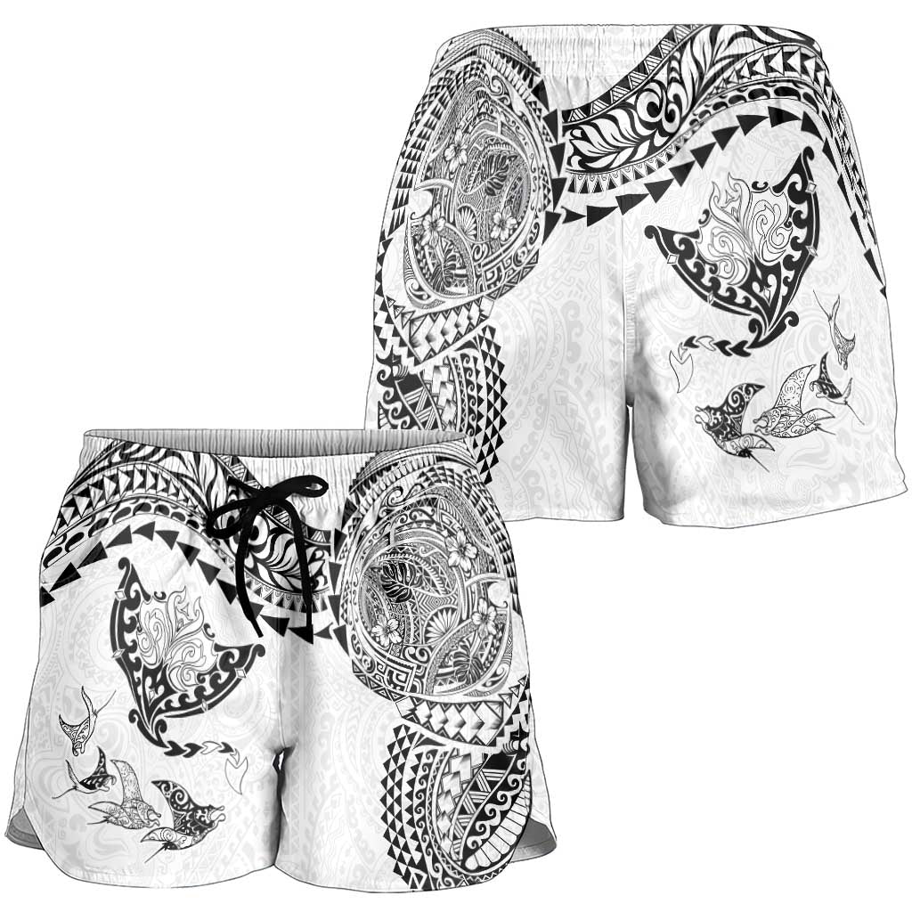 Hawaiian Manta Ray Tribal Shorts for Women Polynesian Art Motifs White Color LT03 - Polynesian Pride