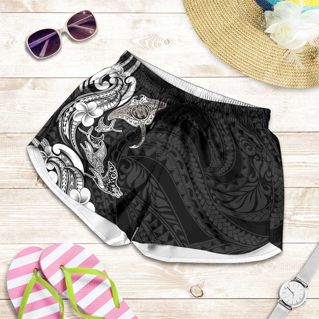 Hawaiian Manta Rays Shorts for Women Tribal Hibiscus Polynesian Tattoos Black Color LT03 Black - Polynesian Pride