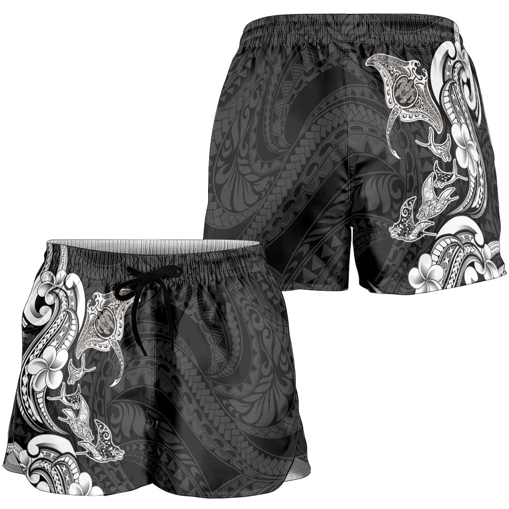 Hawaiian Manta Rays Shorts for Women Tribal Hibiscus Polynesian Tattoos Black Color LT03 - Polynesian Pride