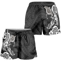 Hawaiian Manta Rays Shorts for Women Tribal Hibiscus Polynesian Tattoos Black Color LT03 - Polynesian Pride