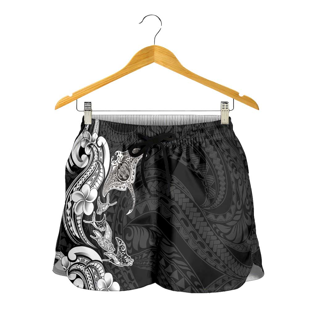 Hawaiian Manta Rays Shorts for Women Tribal Hibiscus Polynesian Tattoos Black Color LT03 - Polynesian Pride