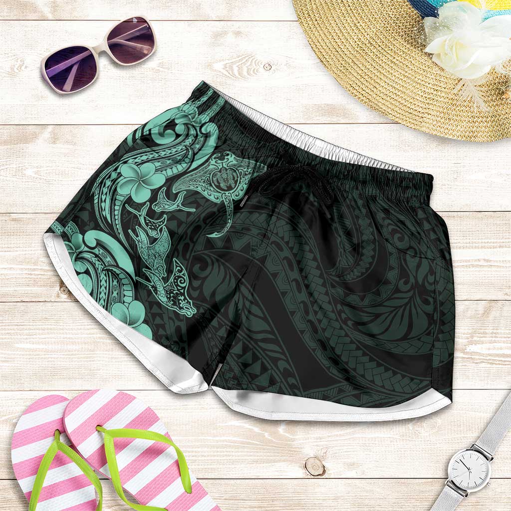 Hawaiian Manta Rays Shorts for Women Tribal Hibiscus Polynesian Tattoos Turquoise Color LT03 Turquoise - Polynesian Pride