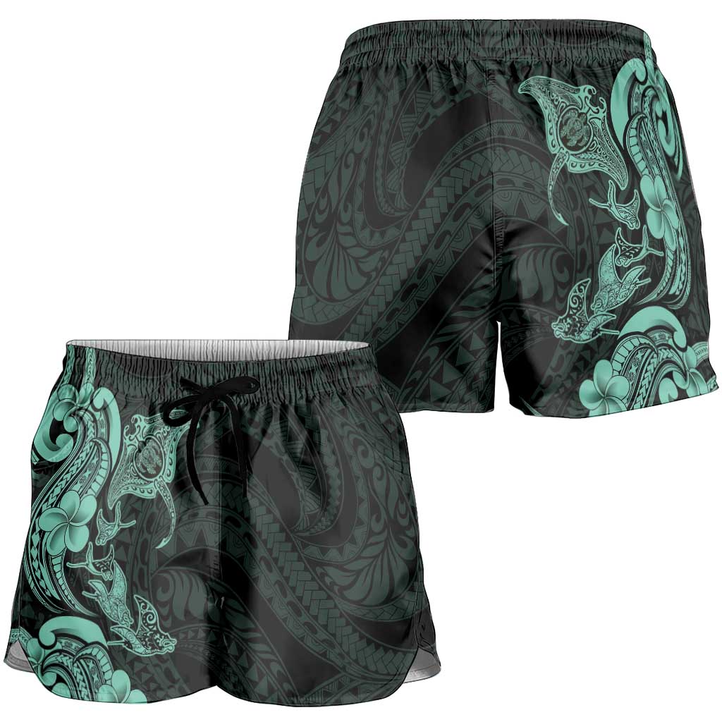 Hawaiian Manta Rays Shorts for Women Tribal Hibiscus Polynesian Tattoos Turquoise Color LT03 - Polynesian Pride