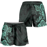 Hawaiian Manta Rays Shorts for Women Tribal Hibiscus Polynesian Tattoos Turquoise Color LT03 - Polynesian Pride