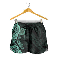 Hawaiian Manta Rays Shorts for Women Tribal Hibiscus Polynesian Tattoos Turquoise Color LT03 - Polynesian Pride
