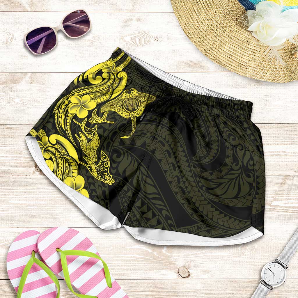 Hawaiian Manta Rays Shorts for Women Tribal Hibiscus Polynesian Tattoos Yellow Color LT03 Yellow - Polynesian Pride