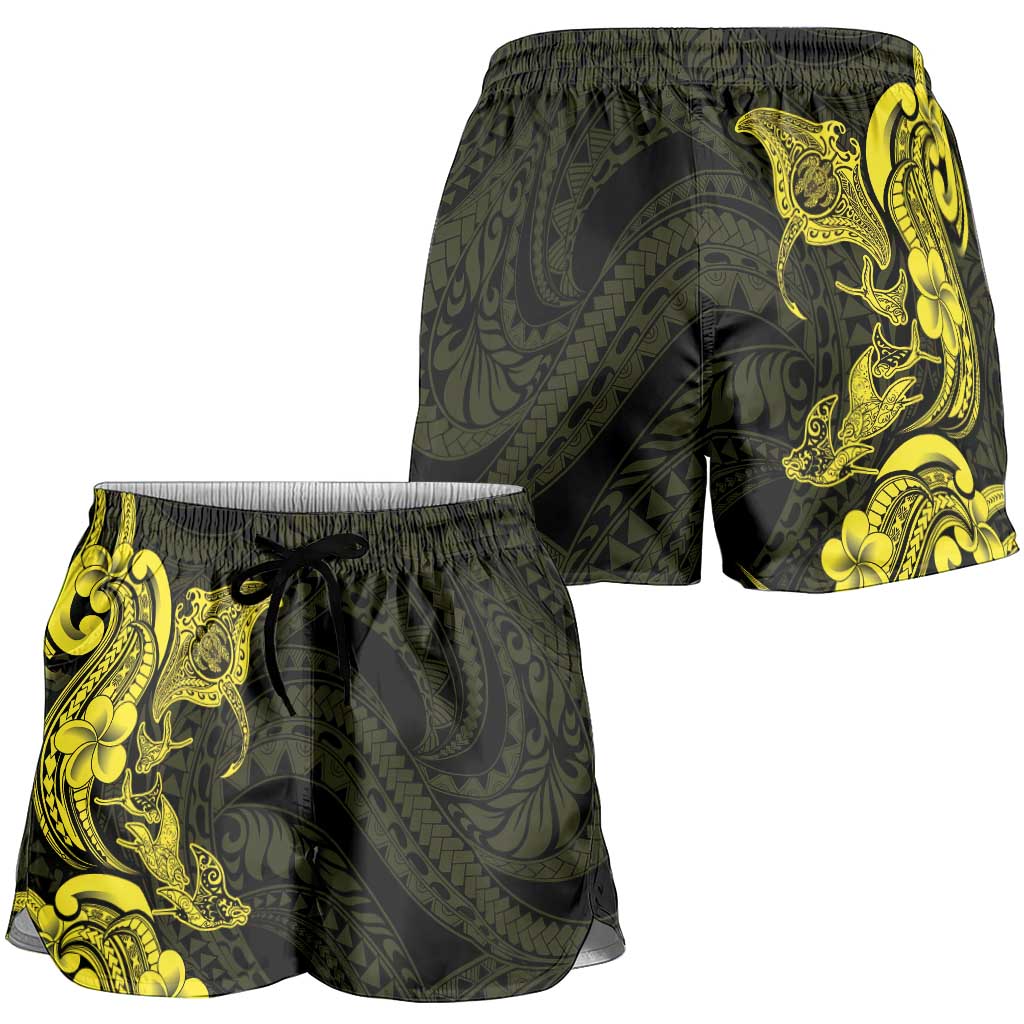 Hawaiian Manta Rays Shorts for Women Tribal Hibiscus Polynesian Tattoos Yellow Color LT03 - Polynesian Pride