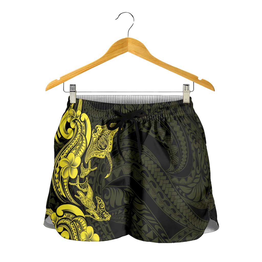 Hawaiian Manta Rays Shorts for Women Tribal Hibiscus Polynesian Tattoos Yellow Color LT03 - Polynesian Pride