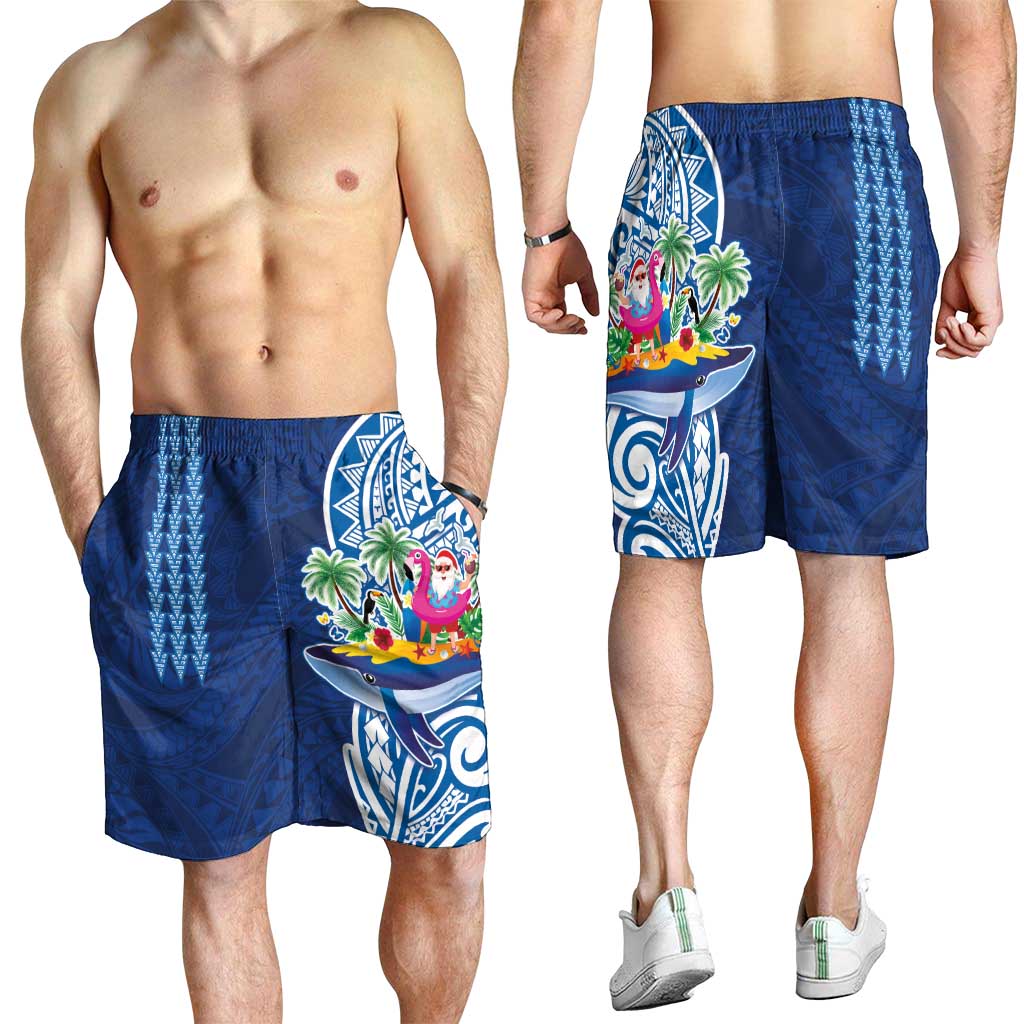 Hawaiian Mele Kalikimaka Shorts for Men Funny Santa on Whale Island with Kakau Tattoos LT03 - Polynesian Pride