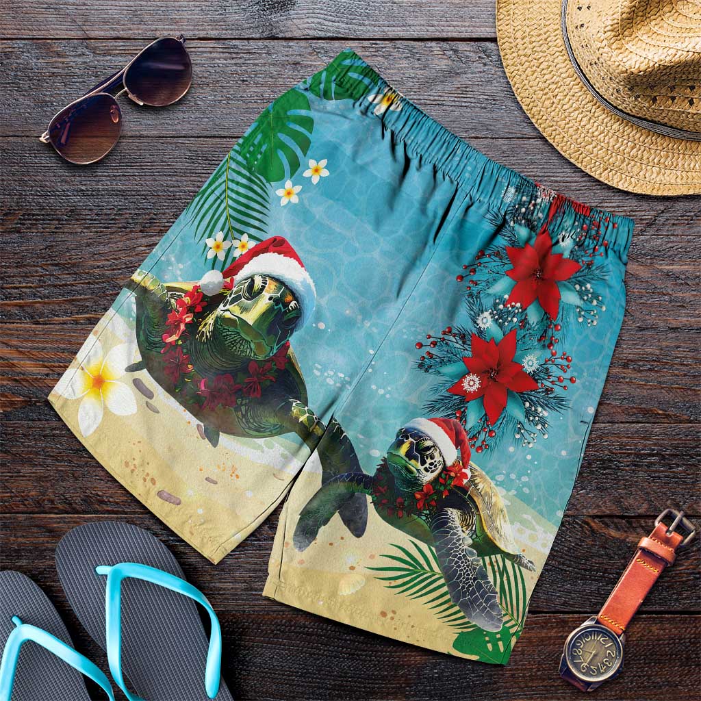 Hawaiian Mele Kalikimaka Shorts for Men Xmas Turtles and Tropical Plants with Red Poinsettia Watercolor Style LT03 Multicolor - Polynesian Pride