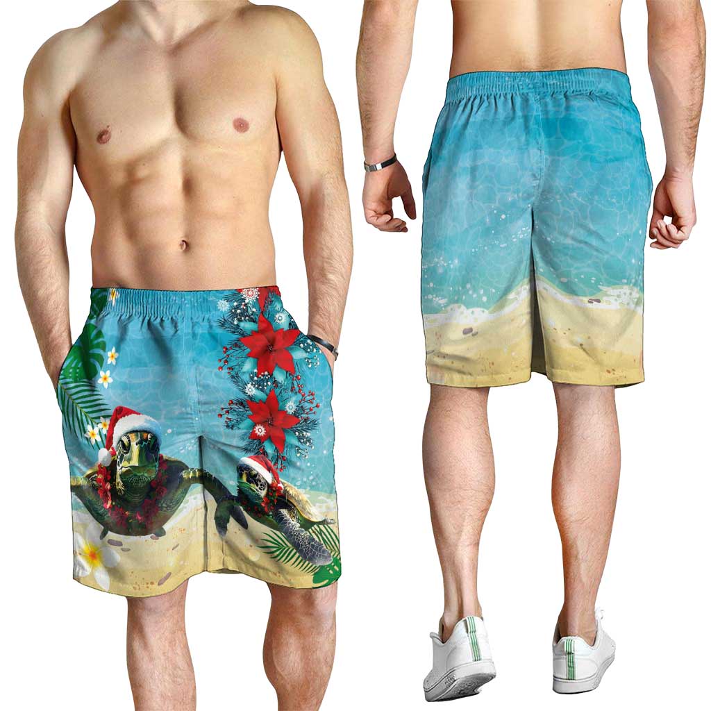 Hawaiian Mele Kalikimaka Shorts for Men Xmas Turtles and Tropical Plants with Red Poinsettia Watercolor Style LT03 - Polynesian Pride