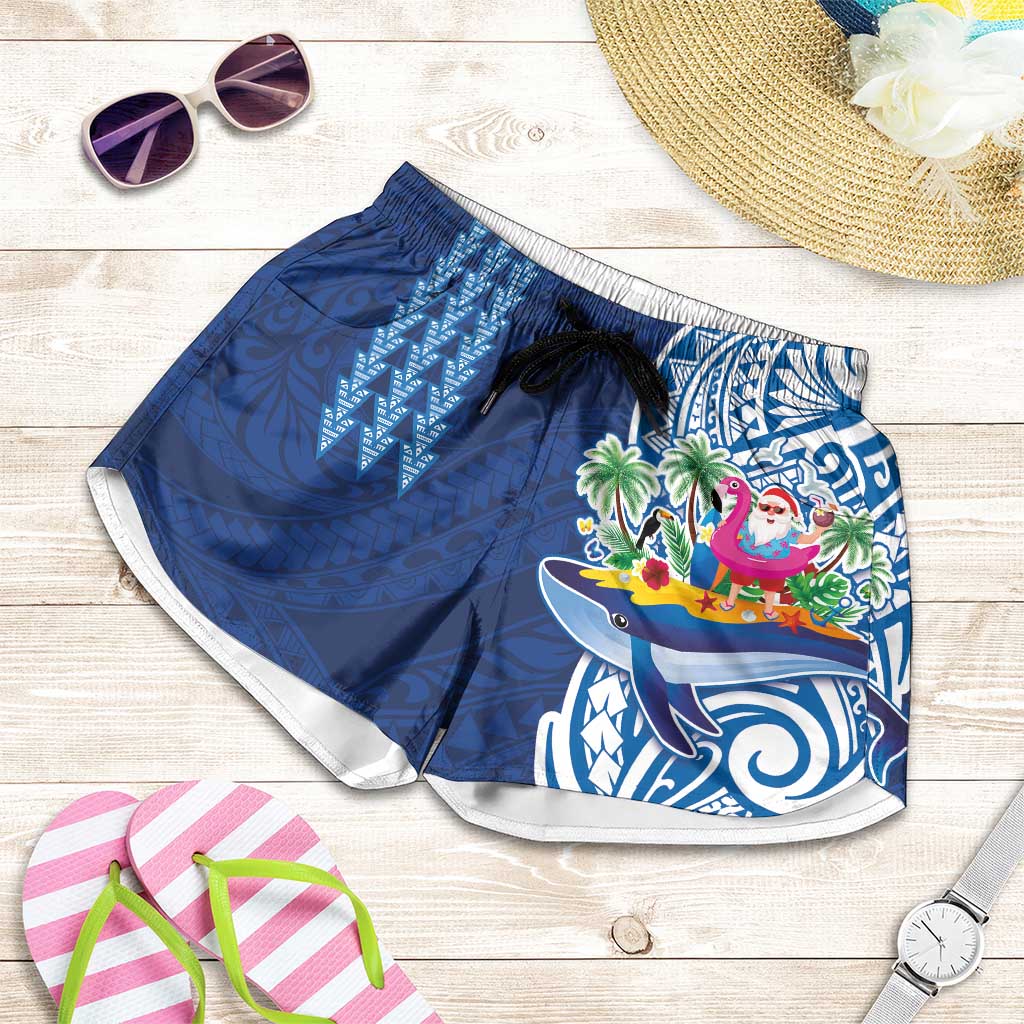 Hawaiian Mele Kalikimaka Shorts for Women Funny Santa on Whale Island with Kakau Tattoos LT03 Blue - Polynesian Pride