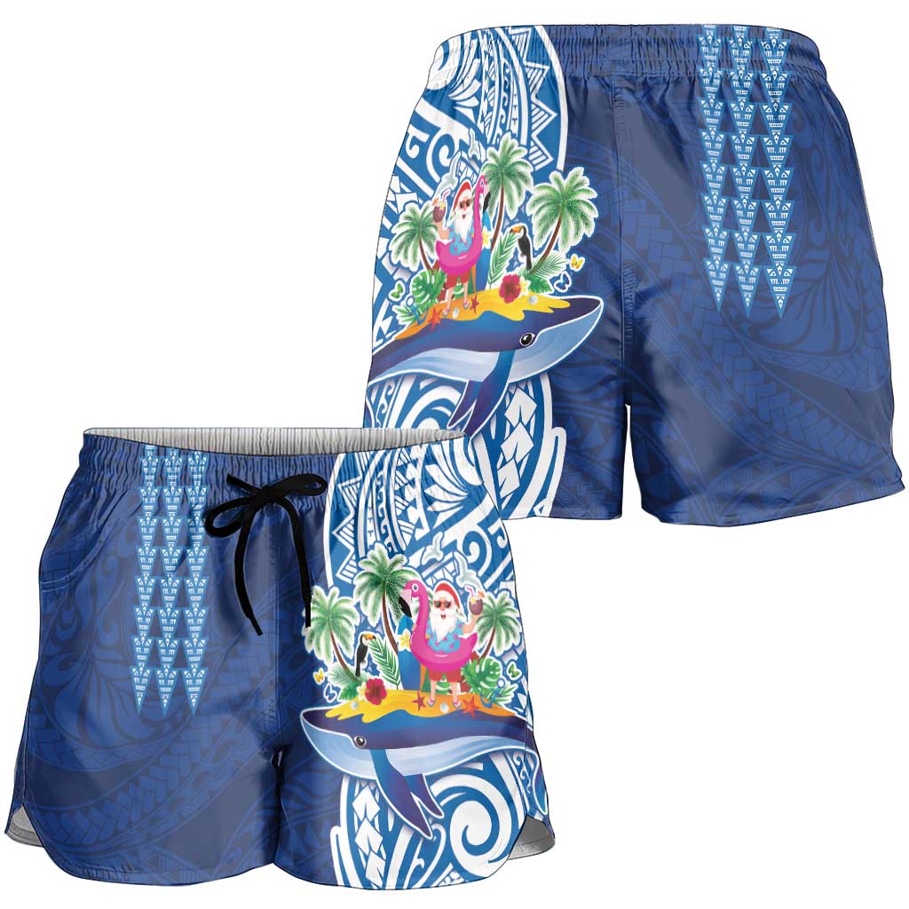 Hawaiian Mele Kalikimaka Shorts for Women Funny Santa on Whale Island with Kakau Tattoos LT03 - Polynesian Pride