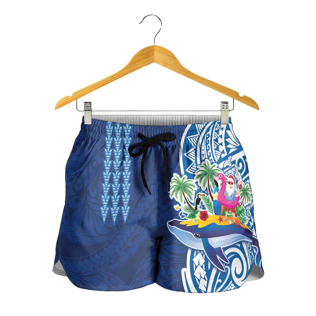 Hawaiian Mele Kalikimaka Shorts for Women Funny Santa on Whale Island with Kakau Tattoos LT03 - Polynesian Pride