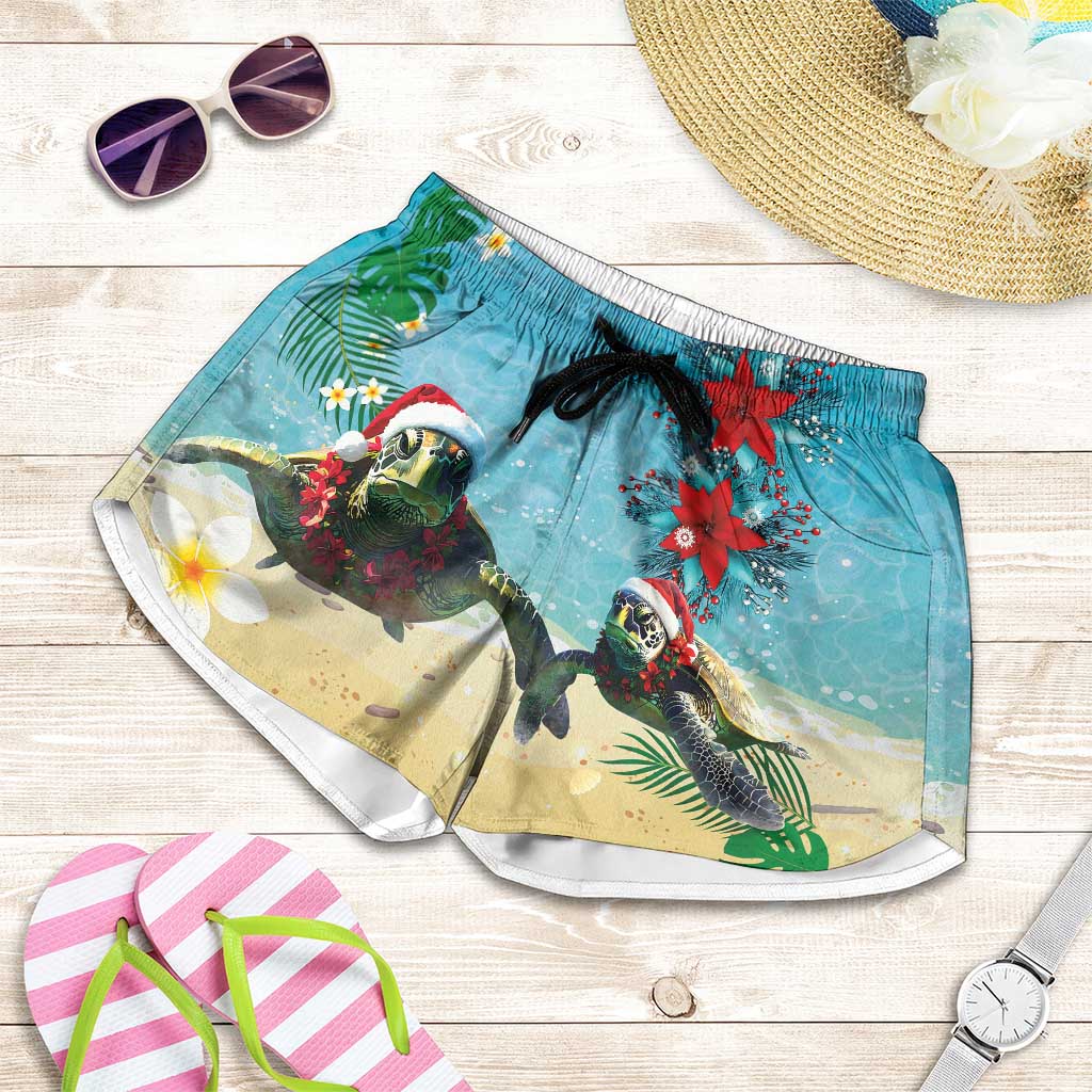 Hawaiian Mele Kalikimaka Shorts for Women Xmas Turtles and Tropical Plants with Red Poinsettia Watercolor Style LT03 Multicolor - Polynesian Pride