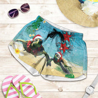 Hawaiian Mele Kalikimaka Shorts for Women Xmas Turtles and Tropical Plants with Red Poinsettia Watercolor Style LT03 Multicolor - Polynesian Pride