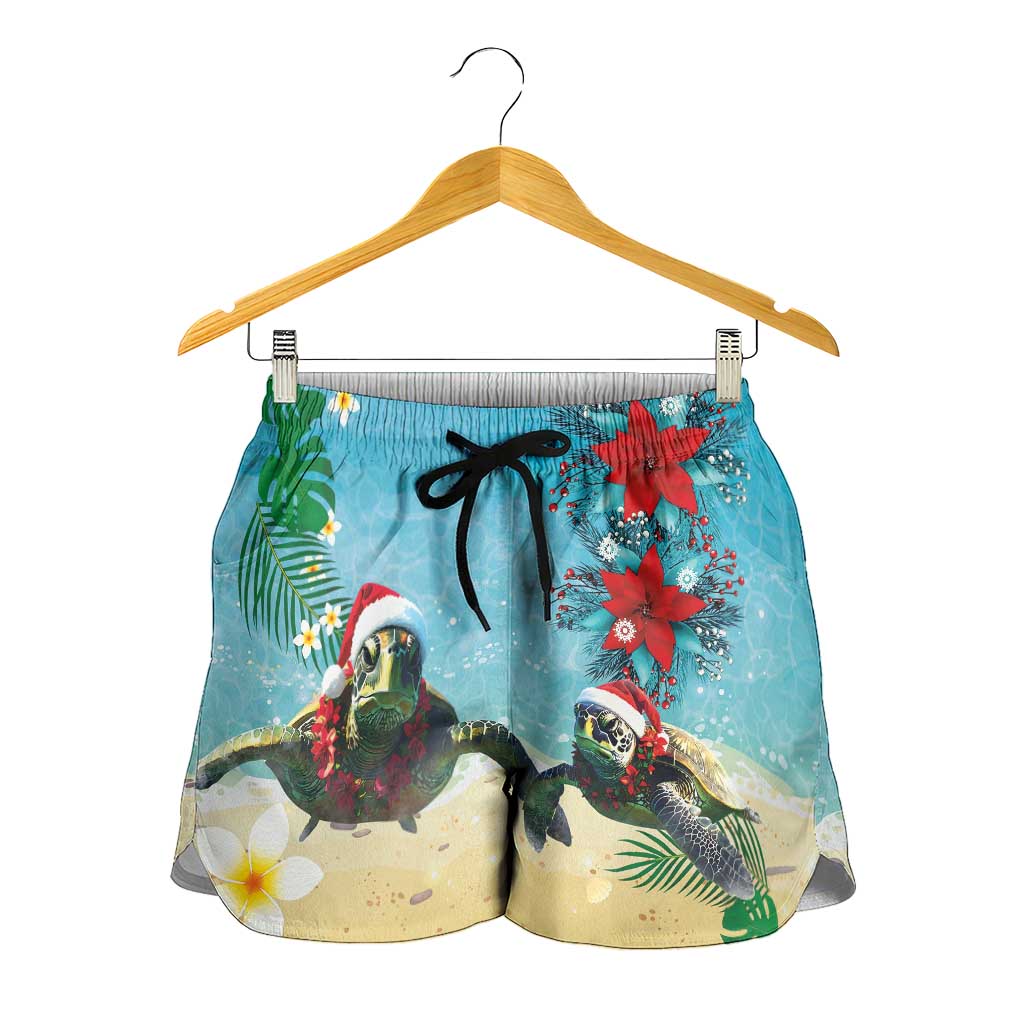 Hawaiian Mele Kalikimaka Shorts for Women Xmas Turtles and Tropical Plants with Red Poinsettia Watercolor Style LT03 - Polynesian Pride