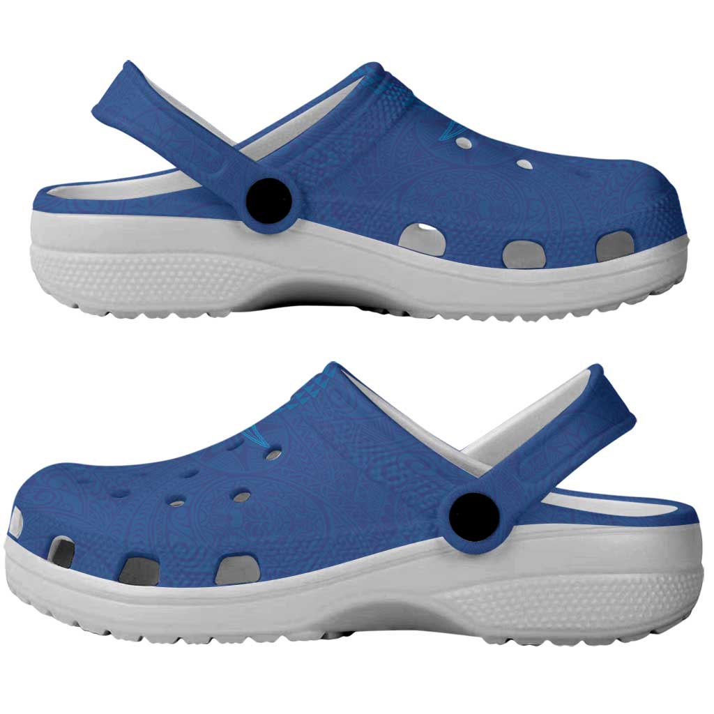 Hawaiian Monk Seal and Whale Clogs Shoes Kakau Tribal Pattern Blue Color
