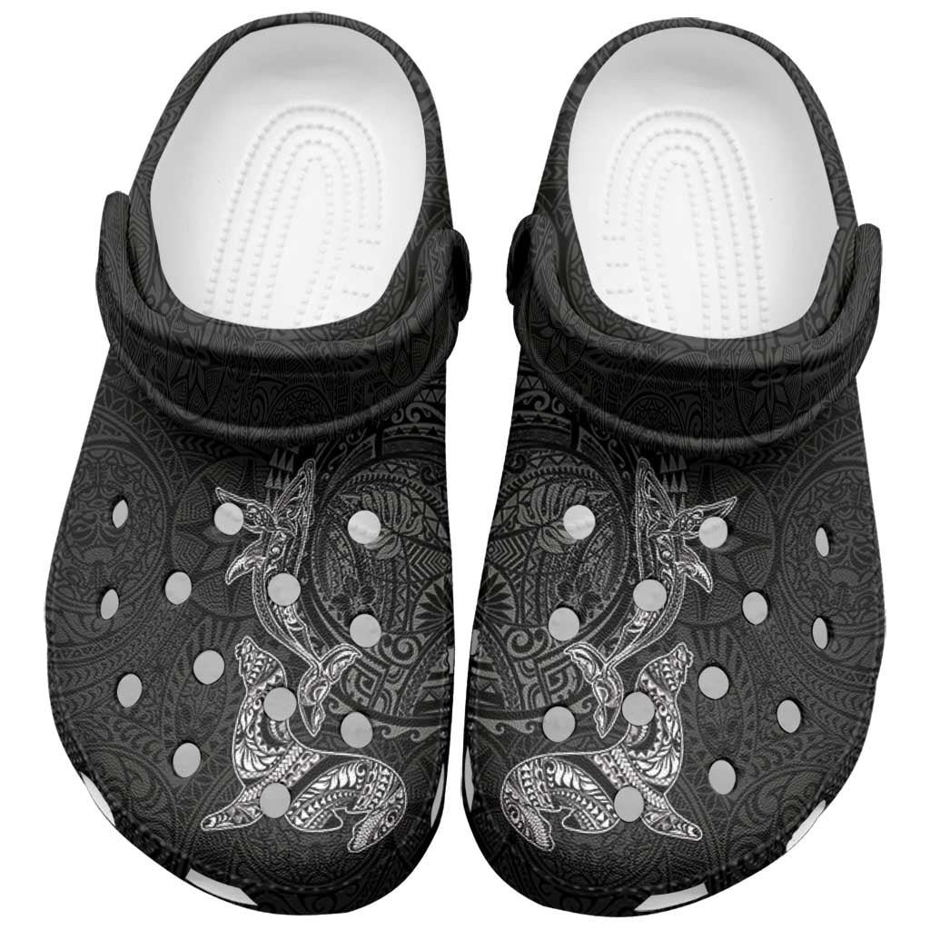 Hawaiian Monk Seal and Whale Clogs Shoes Kakau Tribal Pattern Grayscale