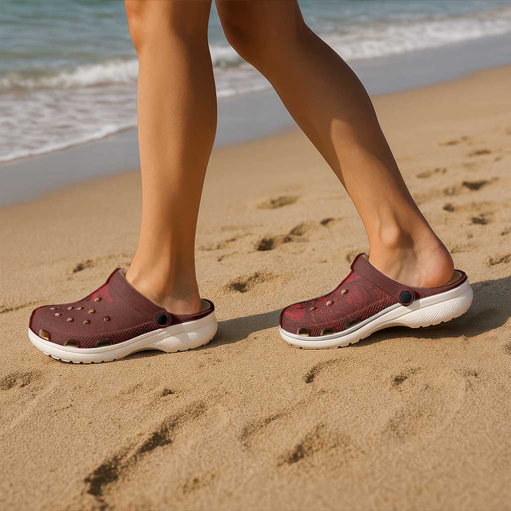 Hawaiian Monk Seal and Whale Clogs Shoes Kakau Tribal Pattern Red Color