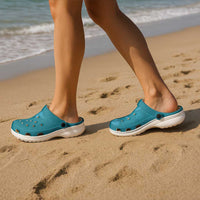 Hawaiian Monk Seal and Whale Clogs Shoes Kakau Tribal Pattern Teal Color