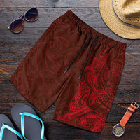 Hawaiian Monk Seal and Whale Shorts for Men Kakau Tribal Pattern Red Color