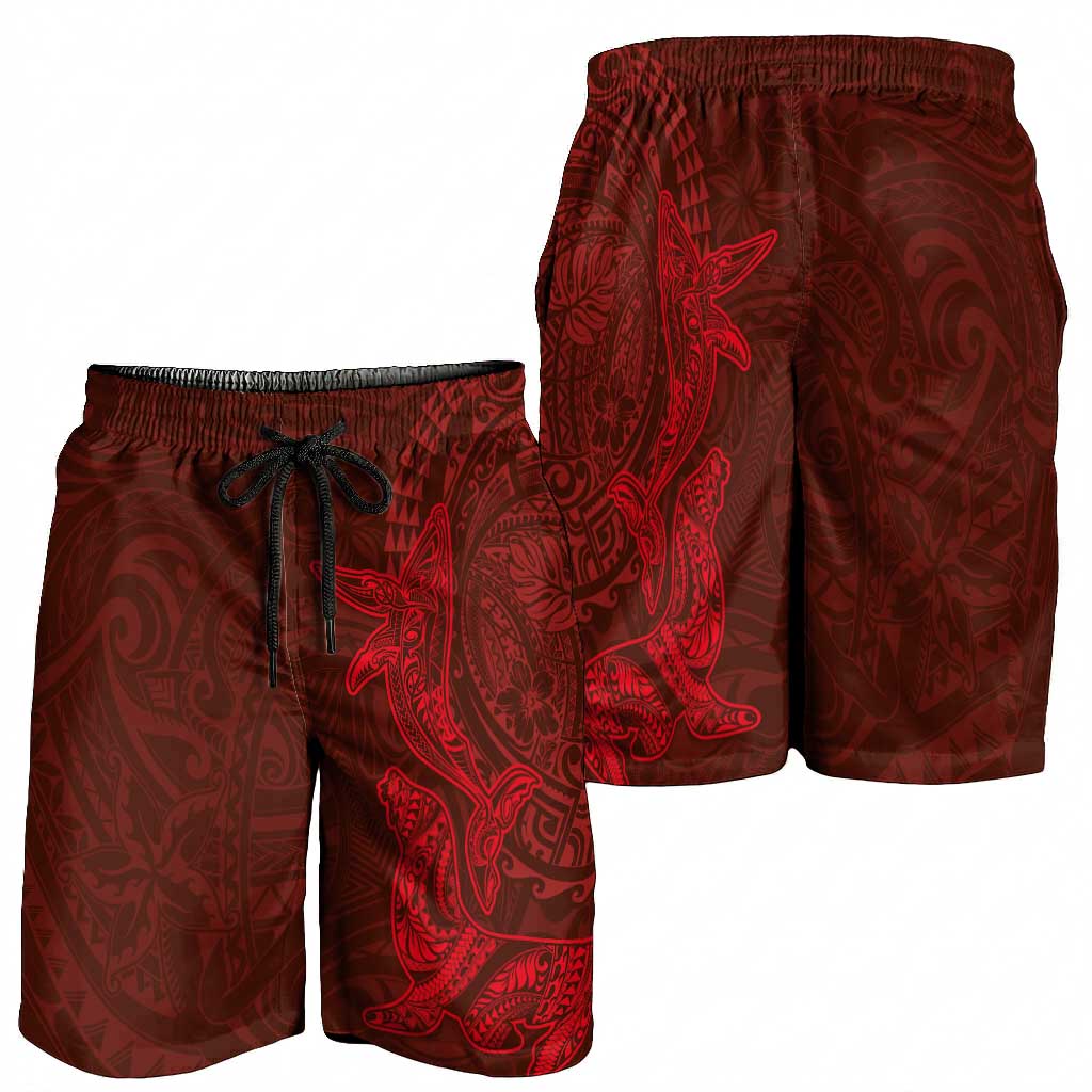 Hawaiian Monk Seal and Whale Shorts for Men Kakau Tribal Pattern Red Color