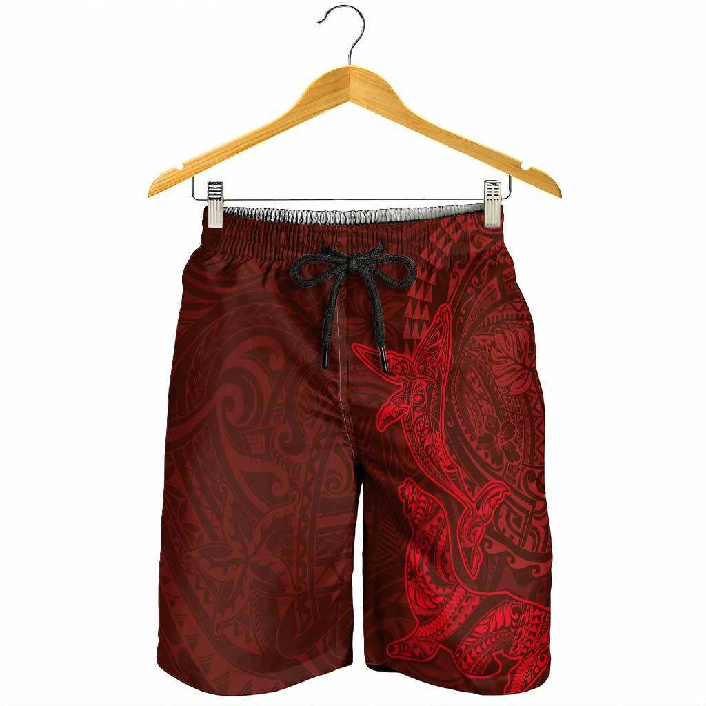 Hawaiian Monk Seal and Whale Shorts for Men Kakau Tribal Pattern Red Color