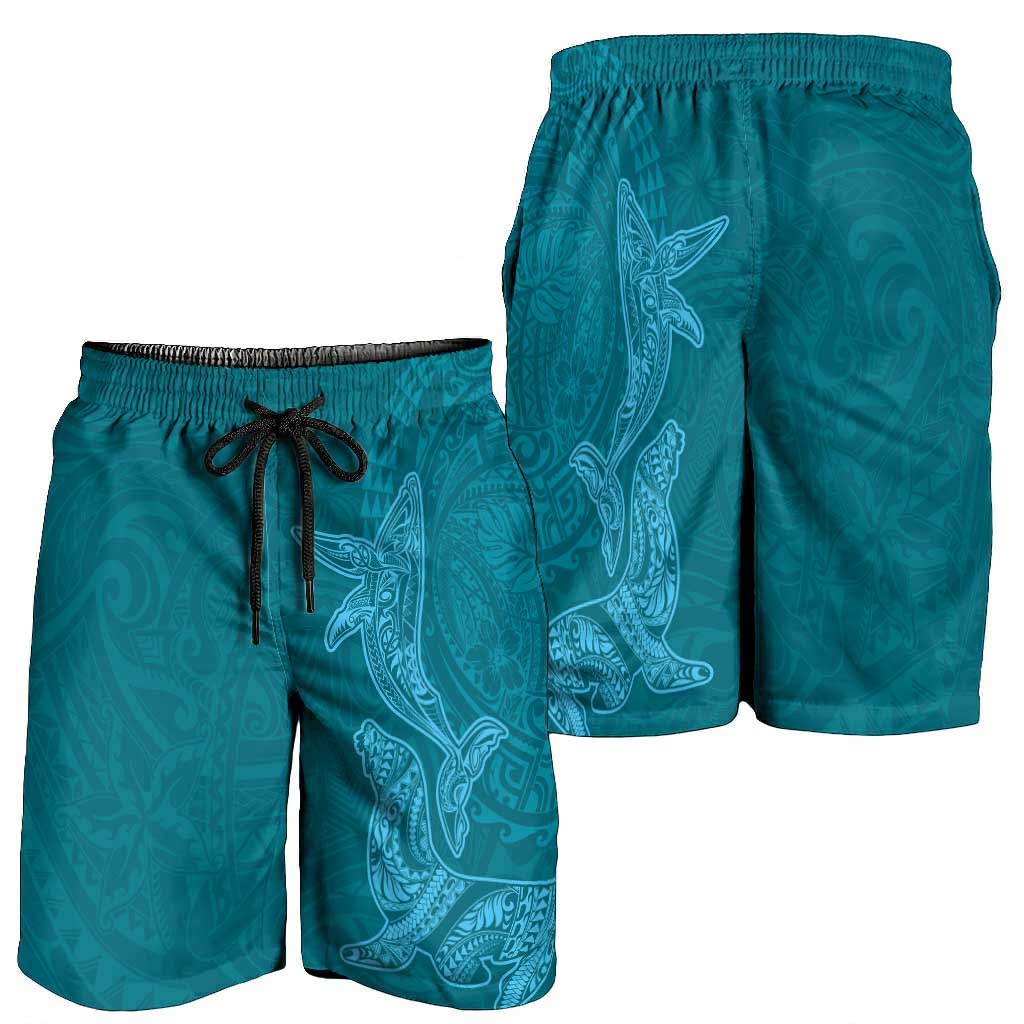 Hawaiian Monk Seal and Whale Shorts for Men Kakau Tribal Pattern Teal Color